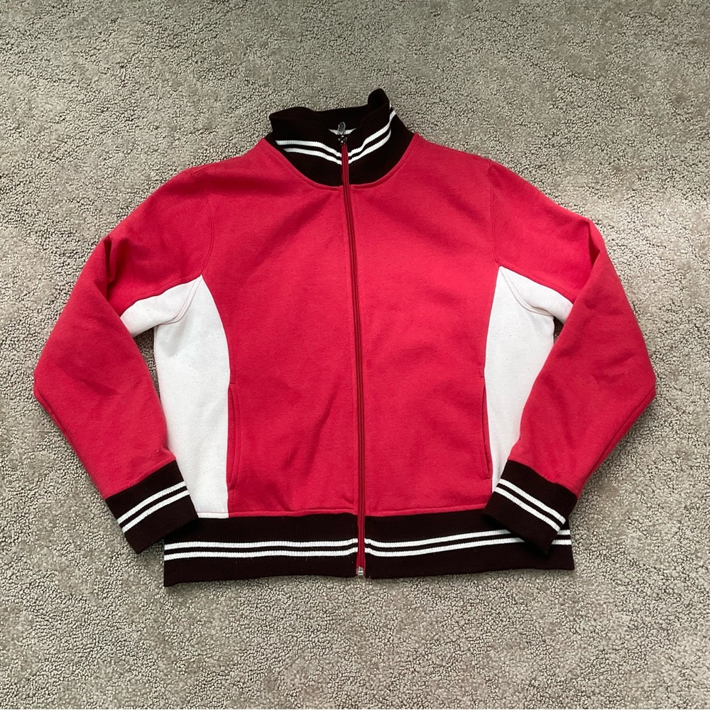 Tickled Pink Brown, Pink, White Cotton Track Jacket Size Large Warm Comfy Fall